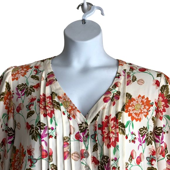 Rose + Olive Women's Peasant Blouse Plus 1X Floral Boho Pleated Chiffon 3/4 Slv - Picture 4 of 9